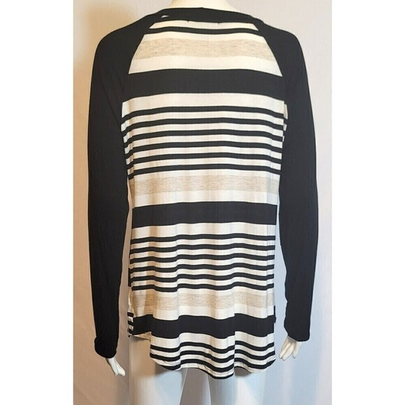 First Look Black White Stripe Crew Neck Long Sleeve T-shirt Top Size M - Picture 4 of 10
